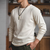 Maden Fit Long-sleeved Pullover T-shirts Men Waffle Cotton Henry T-shirt Sweater Tee Man Clothing Regularly （White ）