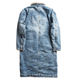 Long Style High Street Men Trench Coat Washed Retro Blue Denim Jacket Zippered Cuffs Berber Fleece Winter Outerwear Vintage