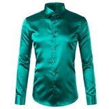 Foesce Green Silk Satin Dress Shirt Men Luxury Brand New Casual Dance Party Long Sleeve Chemise Smooth Wrinkle Free Tuxedo Shirts