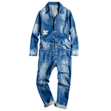 Foesce Men's long sleeve patchwork ripped denim jean jumpsuits Loose hip hop coveralls Youth overalls