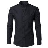 Men's Oxford Slim Fit Dress Shirt Brand Mandarin Collar Long Sleeve Chemise Homme Casual Buisness Office Shirt With Pocket Black