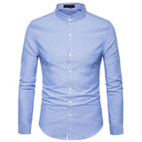 Men's Oxford Slim Fit Dress Shirt Brand Mandarin Collar Long Sleeve Chemise Homme Casual Buisness Office Shirt With Pocket Black