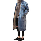 Long Style High Street Men Trench Coat Washed Retro Blue Denim Jacket Zippered Cuffs Berber Fleece Winter Outerwear Vintage