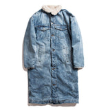 Long Style High Street Men Trench Coat Washed Retro Blue Denim Jacket Zippered Cuffs Berber Fleece Winter Outerwear Vintage
