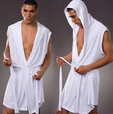 Foesce Sexy Men Sleeveless Hooded Silk Robe Gown Male Bathrobe Nightgown Cheap Men's Polyester Robes with Hood Black White Gray Coffee