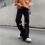 High Street Loose Jeans Zipper Slit Flared Pants Men's Pants Casual Black Denim Pants Stacked Jeans  Men Jeans Pants
