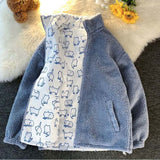 Winter Print Parkas Double-side Zip Up Stand Collar Imitation Lambswool Thicken Jacket Male Fashion Leisure Padded Coat