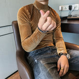 Velvet Turtleneck T-Shirt  Fall Winter Slim Striped Casual T-Shirt Men Long Sleeve Tight T-Shirt Club Costume Camiseta Homme