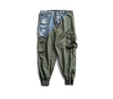 Men's Heavy Ankle Zipper Patchwork Jeans Joggers Army Drawstring Cargo Pencil Trousers for Male