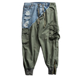 Men's Heavy Ankle Zipper Patchwork Jeans Joggers Army Drawstring Cargo Pencil Trousers for Male