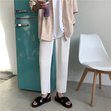 Foesce Pleated Straight Pants Men's Fashion Elastic Waist Casual Pants Men Streetwear Loose Ice Silk Trousers Mens Wide Leg Pants S-2XL