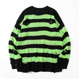 Black Stripe Sweaters Destroyed Ripped Sweater Women Pullover Hole Knit Jumpers Oversized Sweatshirt Harajuku Long Sleeve Tops