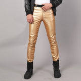 Spring Summer Moto Skinny Elastic Faux Leather Pants Men Black Gold White Thin PU Leather Trousers Brand Men Clothing