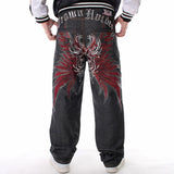 Foesce Plus Size Mens Jeans Top Rushed Stripe Loose Hip Hop Jeans Men Printed Hiphop Demin Pants Tide Trousers Embroidered Flower Wings