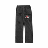 Dark Icon Patchwork Ripped Jeans Men Street Fashion Straight Men's Denim Pants 2 Colors