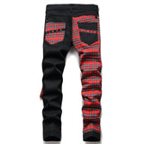 Men's Punk Ribbons Plaid Patchwork Jeans Streetwear Stretched Straight fit Denim Pants for Male