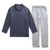 Autumn And Winter Men's Soft Solid Color Pajamas Set 100% Gauze Cotton Top+Pants 2PCS Sleepwear Loose Full Sleeve+Pants Homewear