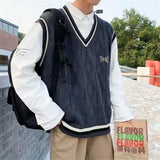 Foesce Sweater Vest Men Fashion Streetwear Trendy V-neck Solid Color Loose Sleeveless Vest Pullover Men's Knitwear  Autumn