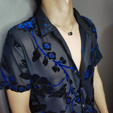 Foesce Blue Top Blouse Social Club Outfits Party Designer Shirt Fashion Velvet Flower Shirt Men Transparent Short Sleeve Sexy Shirt