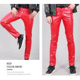 Spring Summer Moto Skinny Elastic Faux Leather Pants Men Black Gold White Thin PU Leather Trousers Brand Men Clothing