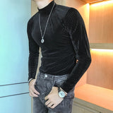 Velvet Turtleneck T-Shirt  Fall Winter Slim Striped Casual T-Shirt Men Long Sleeve Tight T-Shirt Club Costume Camiseta Homme