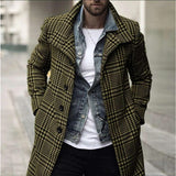 Foesce Autumn Men's Fashion Plaid Windbreaker Casual Streetwear Overcoat Gentleman Luxury Trench Long Coat Manteau