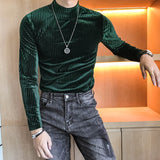 Velvet Turtleneck T-Shirt  Fall Winter Slim Striped Casual T-Shirt Men Long Sleeve Tight T-Shirt Club Costume Camiseta Homme