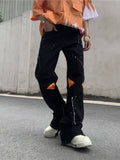 High Street Loose Jeans Zipper Slit Flared Pants Men's Pants Casual Black Denim Pants Stacked Jeans  Men Jeans Pants