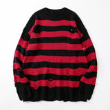 Black Stripe Sweaters Destroyed Ripped Sweater Women Pullover Hole Knit Jumpers Oversized Sweatshirt Harajuku Long Sleeve Tops