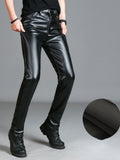 Men's Leather Pants Slim Fit PU Leather Pants Elastic Single Layer Motorcycle Leather Pants Man Waterproof Oil-Proof Young