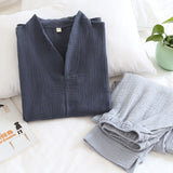 Autumn And Winter Men's Soft Solid Color Pajamas Set 100% Gauze Cotton Top+Pants 2PCS Sleepwear Loose Full Sleeve+Pants Homewear