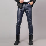 Spring Summer Moto Skinny Elastic Faux Leather Pants Men Black Gold White Thin PU Leather Trousers Brand Men Clothing