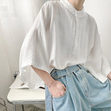 Men's summer wide sleeve over size collar shirt trendy men's Korean loose solid short sleeve BF shirt