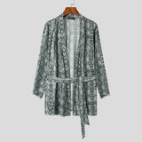 Men Robes Leopard Print Open Stitch Homewear V Neck Long Sleeve Loose Nightgown Men Sexy Bathrobes With Belt S-5XL