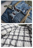 Foesce Men's Hi Street Hole Patchwork Denim Jacket Streetwear Thick Down Cotton Jean Coat for Male