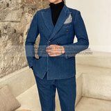 Blue Denim Peacked Lapel Double Breasted Jacket Tuxedo Groomsman Mens Suits For Wedding 2 Piece Blazers Coat+Pants Smoking Wear