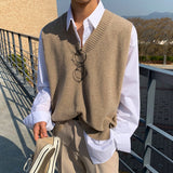 Foesce Menswear Korean Style Fashion Knitted Vest Men's Autumn New Personalized V-Neck Loose Sleeveless Sweater Vests Tide