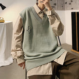 Foesce 1 Men Printed Sweater Vests Loose Knitted Students Unisex Couple Daily All-match Fashion Leisure Males Jumpers Outwear Soft Chic