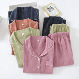 Foesce New spring and autumn pure cotton crepe cloth couple soft and breathable men long-sleeve simple home service women two piece set