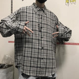 Foesce Korean ins versatile Plaid loose oversize long sleeve shirt for men and camisa masculina gray shirts