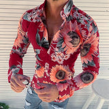 Men's Floral Shirt Long Sleeve Casual Shirt Fashion Rose Flower 3D Printed Turn-down Collar Slim Hawaii Shirt For Mens