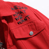 Men's Patchwork Letters Printed Red Denim Jacket Loose Rose Painyed Turn Down Collar Jean Coat Outerwear