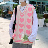Foesce V-neck Sweater Vests Men Love Knitting Fashion Hipsters Hip-hop Streetwear Retro Jumpers Sleeveless Aesthetic Leisure Bf Couples