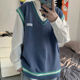 Foesce 1 Sweater Vest Men V-neck Shrug Patchwork Knitted Couples Ins Plus Size 3XL Oversize Harajuku Vests Ins Chic Korean Style Leisure