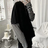 Foesce Cool Striped Patchwork T-Shirt Men Autumn Oversize Tops Boys Solid Long Sleeve T Shirt Fashion Japanese Gothic Japan T Shirt
