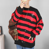 Black Stripe Sweaters Destroyed Ripped Sweater Women Pullover Hole Knit Jumpers Oversized Sweatshirt Harajuku Long Sleeve Tops