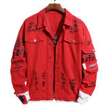 Men's Patchwork Letters Printed Red Denim Jacket Loose Rose Painyed Turn Down Collar Jean Coat Outerwear
