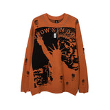 Foesce Harajuku Priest Salvation Printed Knitwears Women Streetwear Hip Hop Destroyed Hole Ripped Pullovers Jumper Oversized Men