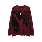 Foesce Harajuku Priest Salvation Printed Knitwears Women Streetwear Hip Hop Destroyed Hole Ripped Pullovers Jumper Oversized Men