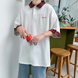 Hong Kong style fake two-piece  shirt men's short-sleeved tshirt summer plaid stitching preppy shirt loose unisex streetwear